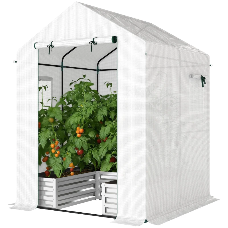 Outsunny Mini Greenhouse with Raised Garden Bed, Galvanised Walk-in Greenhouse with Roll Up Windows, 56" x 56" x 75", White