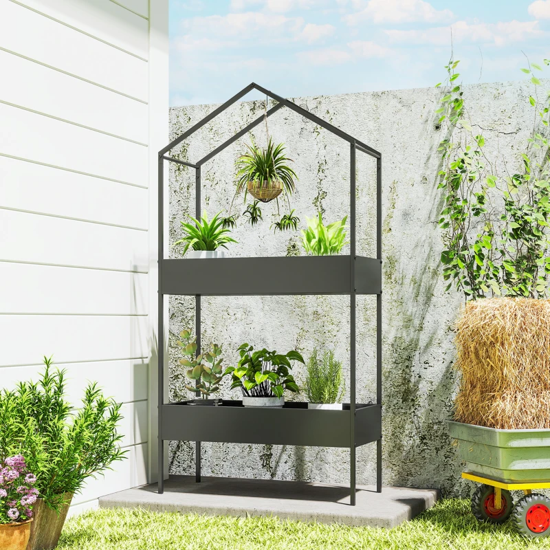Outsunny Suport plante 2 niveluri în formă de casă, înalt 150 cm, suport flori cu cârlig, metal, Negru