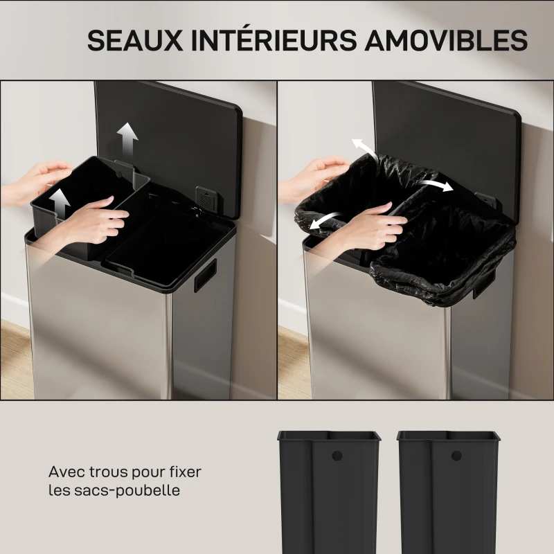 HOMCOM Poubelle à double compartiment 2 x 30L, poubelle cuisine à pédale, couvercle à fermeture douce, 47,5x37,5x67cm, argent