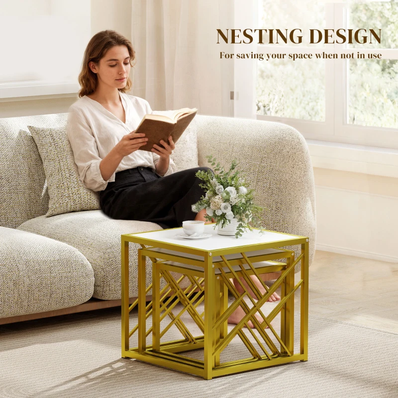 HOMCOM Nesting Coffee Tables, Set of 3 Square Side Tables with Black Metal Frame, for Living Room, Bedroom and Office, White