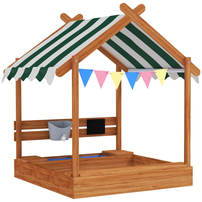 Outsunny Bac à sable pour enfants avec auvent, 6 fanions, 2 bacs, robinet et tableau en forme de maison pour patio 124x116x146 cm orange