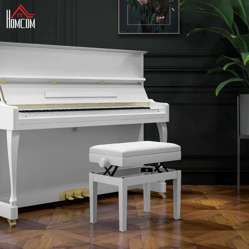 HOMCOM Banc de piano, banc de clavier réglable en hauteur en bois massif, compartiment de rangement, 55 x 33 x 48-58 cm blanc
