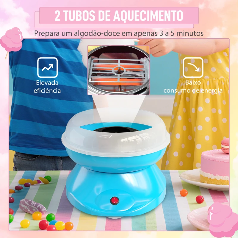 HOMCOM Máquina de Algodão Doce Potência 450W-550W Doce com Colher Medidora e 10 Palitos de Bambu 27x26x18 cm Azul