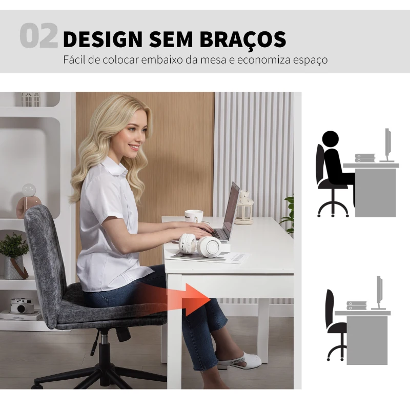 HOMCOM Cadeira de Escritório com Assento Largo sem Apoios de Braço Rodas Altura Ajustável Giratória Função Basculante 62x67x83-93 cm Cinza