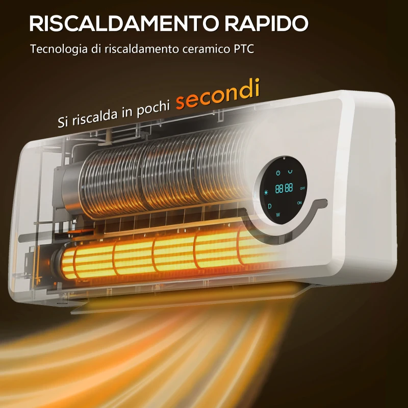 HOMCOM  Stufa Ceramica 2000W a Parete con 3 Modalità, Temperatura Regolabile, Timer, Telecomando, Blocco Bambini, Bianco