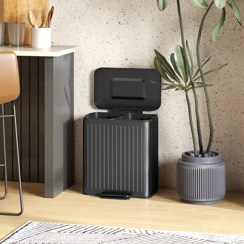 HOMCOM Cubo de cocina, 2 x 20 L compartimentos, separación eficiente de residuos, pedal, plástico, metal, negro