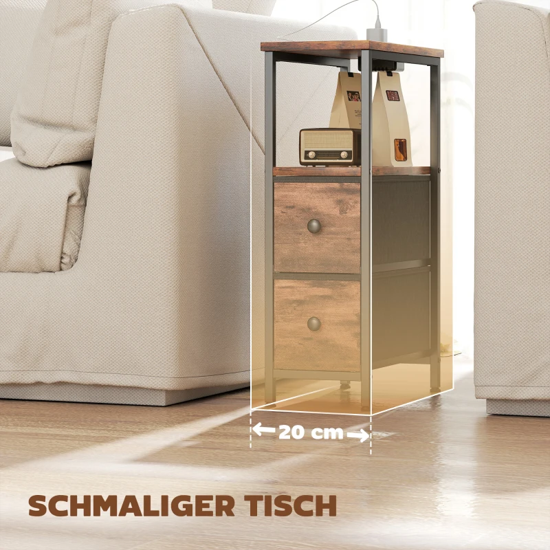 HOMCOM Stolik kawowy/stolik boczny ze stacją ładującą, stalowa rama, 2 szuflady z tkaniny, otwarta półka, 20cm x 40cm x 63cm, Rustykalny brąz