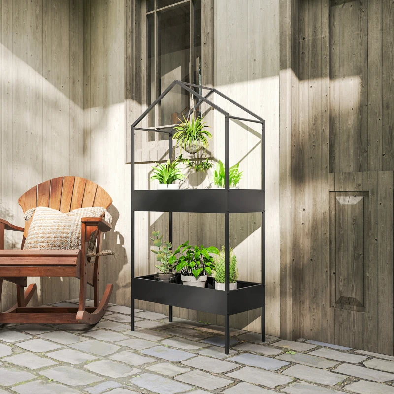 Outsunny 2 Tier Plant Stand, Outdoor Indoor Metal Plant Stand with Hook, House-Shaped Pots Holder Display Rack, Black