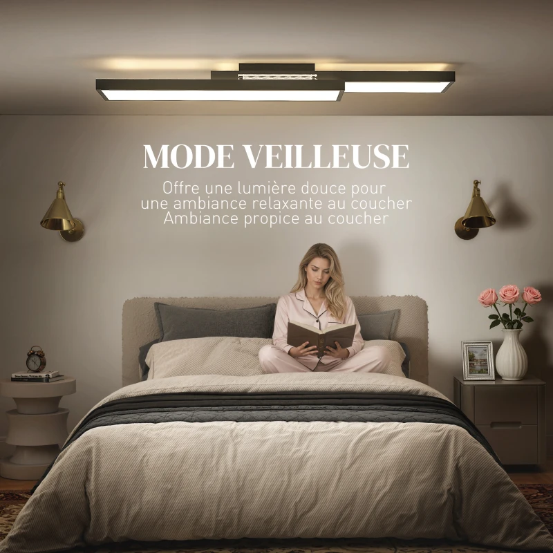 HOMCOM Plafonnier LED rectangle 43W, luminaire plafonnier 3000-6000K, 4600LM, télécommande, 70 x 30 cm, noir