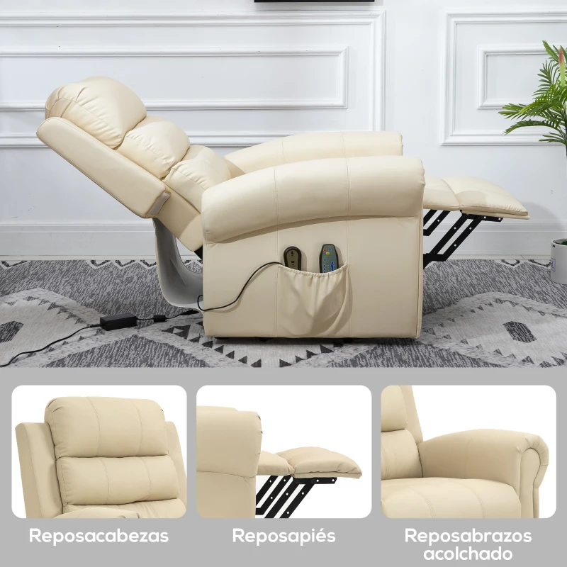 HOMCOM Sillón Relax Reclinable Eléctrico Levanta Personas con Masaje Vibratorio y Calor Control Remoto Crema