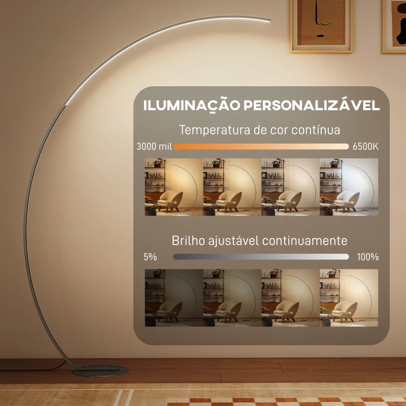 HOMCOM Candeeiro de Pé em Forma de Arco com Brilho e Temperaturas de Cor Ajustáveis 3000K-6500K 120x27x172 cm Prata