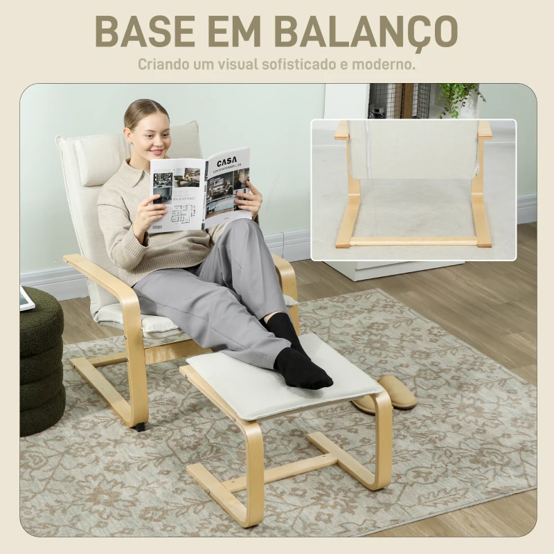 HOMCOM Poltrona com Otomano Poltrona de Leitura com Pernas de Madeira e Estofado em Linho 67x78x92 cm Creme