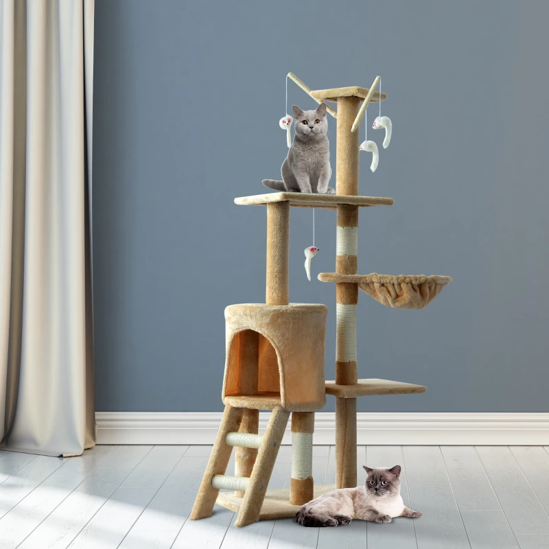 PawHut Arbre à chats multi-équipements griffoirs grattoirs plateformes niche échelle hamac jouets 50L x 35l x 131H cm beige