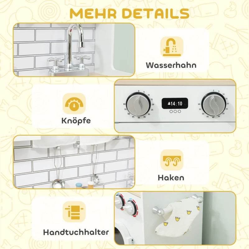 AIYAPLAY Kinderküche Spielküche mit Ofen Spüle Soundfunktion und Zubehör Geschenk für Mädchen Jungen 3-6 Jahren Weiß
