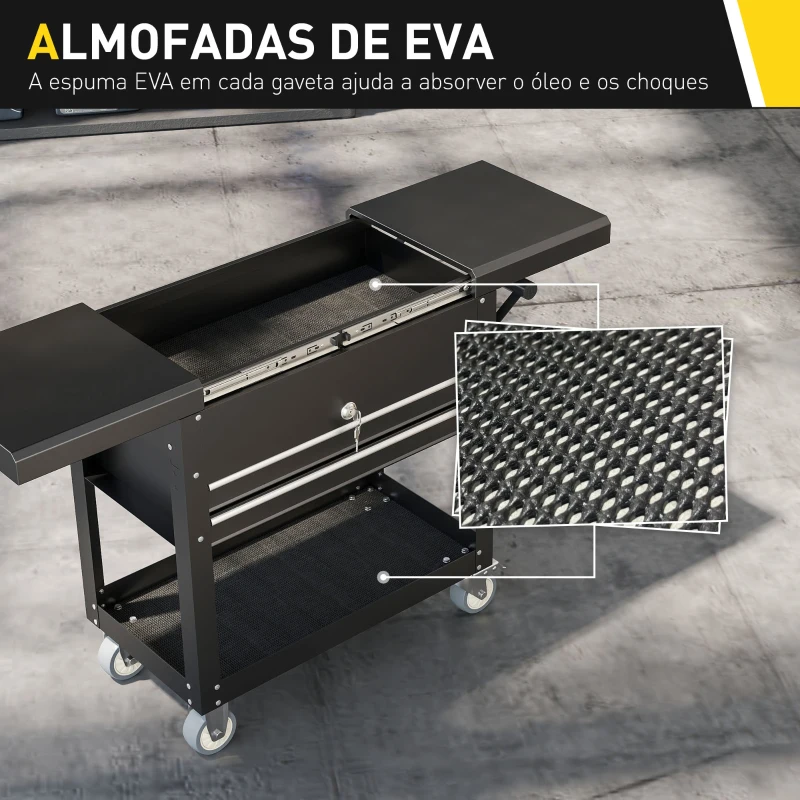 HOMCOM Carrinho de Ferramentas com Rodas Carrinho de Oficina Móvel com Tampa Deslizante 2 Gavetas com Fecho Bandeja 77,5–130x38x80 cm Preto