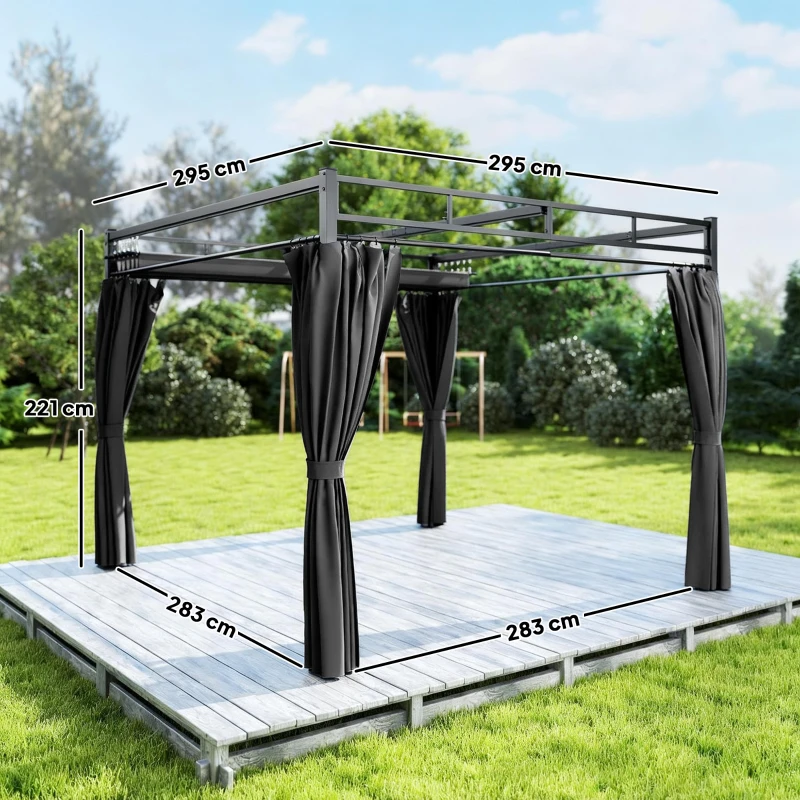 Outsunny Gartenpergola 3x3 m mit einziehbarem Dach und Vorhängen UV-Schutz UPF30+ Metallgestell für Hof Terrasse Grau