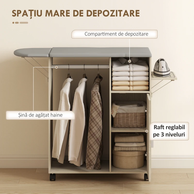 HOMCOM Dulap Masa Calcat – 3 Rafturi, Blat Burete & Ghidaj Rufe