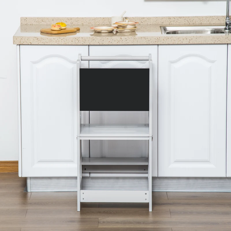 HOMCOM 2 in 1 Kids Kitchen Step Stool with Safety Rail Toddler Steps with Chalkboard for Kitchen Bathroom, White(m-10)