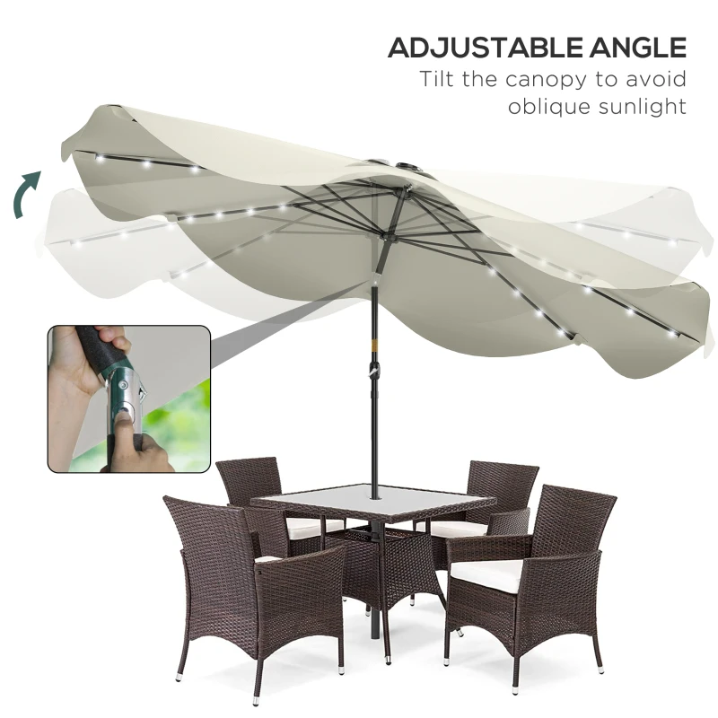Outsunny Solar Patio Umbrella with LED and Tilt, Outdoor Market Table Umbrella Parasol with Crank, 3 x 3 (m), Cream White