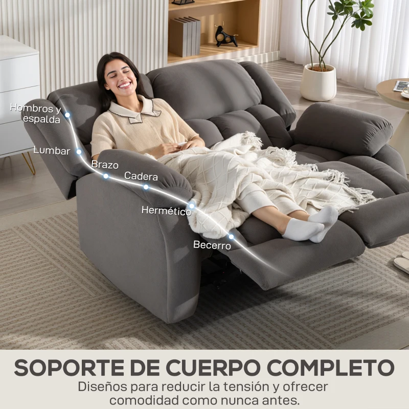 HOMCOM Sillón de 2 Plazas Relax Reclinable Manual Sillón Relax Tapizado en Terciopelo Reposapiés Ajustable Asiento Amplio Gris