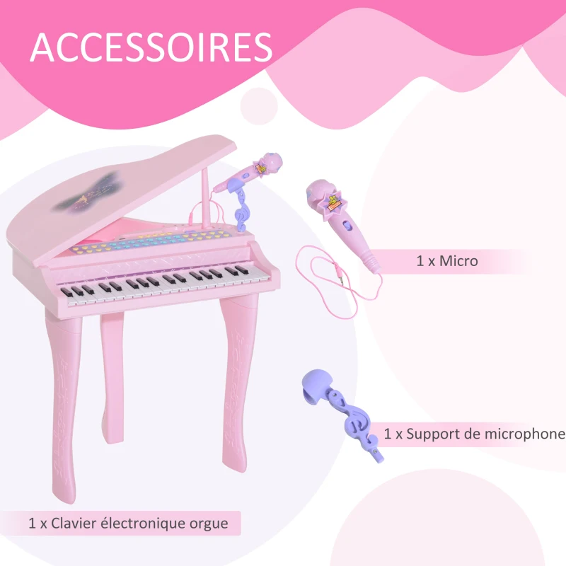 HOMCOM Piano à Queue électronique 37 Touches Multifonctions avec Micro Haut Parleur, lumière LED, fonction d'enregistrement et de relecture, instrument de musique enfant 3 à 6 ans Rose