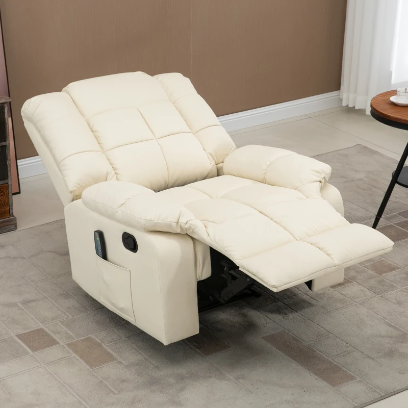 HOMCOM Sillón de Masaje Reclinable con 8 Puntos de Masaje Mando a Distancia Tapizado en PU Reposapiés Bolsillo Lateral Crema