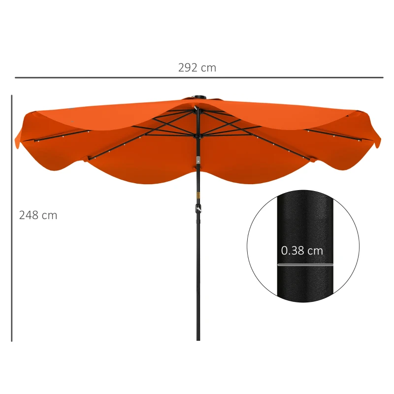 Outsunny Solar Patio Umbrella with LED and Tilt, Outdoor Market Table Umbrella Parasol with Crank, 3 x 3 (m), Orange