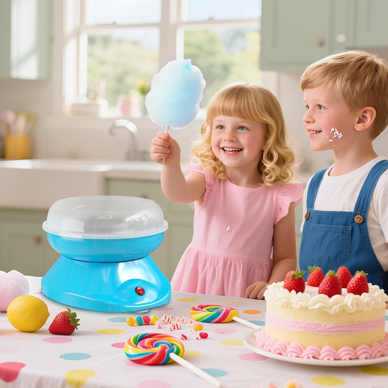 HOMCOM Máquina de Algodón de Azúcar en Casa de Polipropileno Acero Inox. y Aluminio 450W-550W para Fiestas 27x26x18 cm Azul