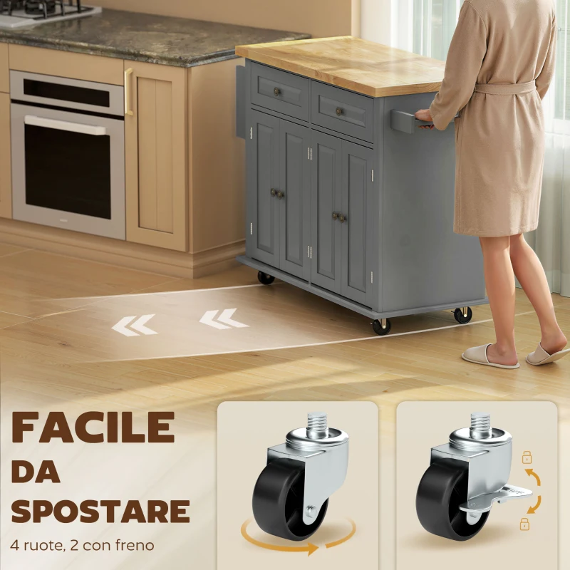 HOMCOM Carrello da Cucina con 2 Cassetti e 2 Armadietti, Piano in Legno, Portaspezie e Porta Canovacci, Grigio