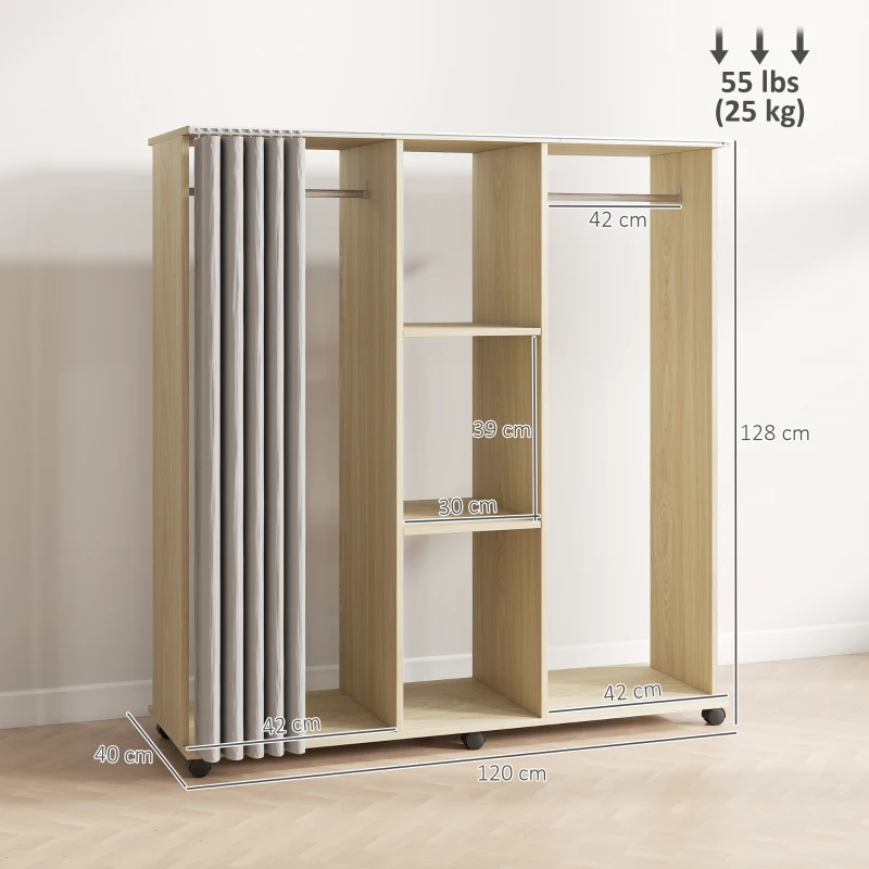 HOMCOM Mobiler Kleiderschrank Aufbewahrungsmöbel 6 Rollen 120L x 40l x 128H cm in Naturholz