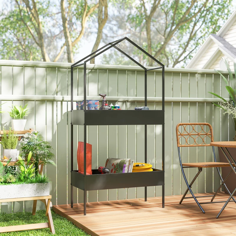 Outsunny 2 Tier Plant Stand, Outdoor Indoor Metal Plant Stand with Hook, House-Shaped Pots Holder Display Rack, Black