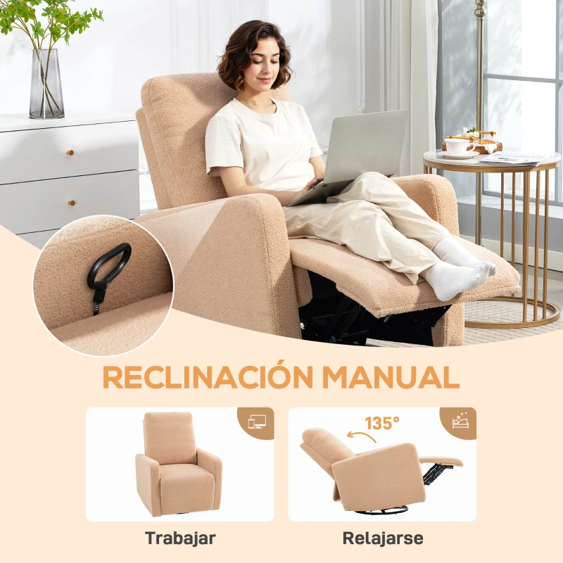 HOMCOM Sillón Relax Reclinable Manual hasta 135º con Reposabrazos Reposapiés Acolchado Grueso Función de Balanceo 360° Marrón