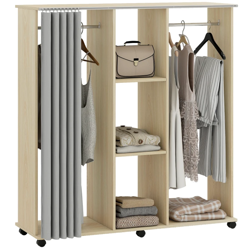 HOMCOM Armario perchero Mueble de almacenamiento móvil 6 ruedas 120L x 40l x 128H cm en madera natural