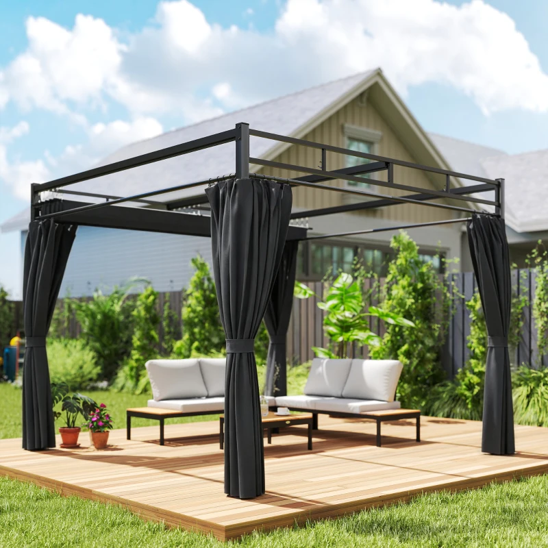 Outsunny Gartenpergola 3x3 m mit einziehbarem Dach und Vorhängen UV-Schutz UPF30+ Metallgestell für Hof Terrasse Grau