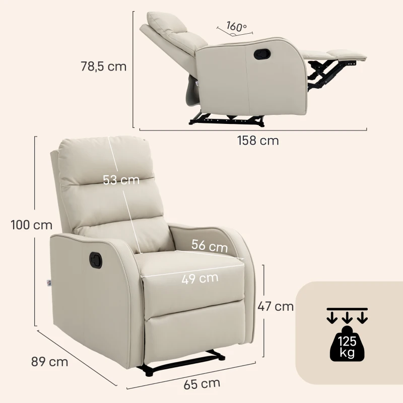 HOMCOM Poltrona Relax Reclinável Manual Revestida em PU com Apoio de Pés Retrátil Poltrona Reclinável até 160º  65x89x100 cm Creme