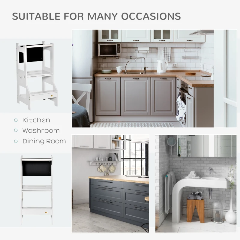 HOMCOM 2 in 1 Kids Kitchen Step Stool with Safety Rail Toddler Steps with Chalkboard for Kitchen Bathroom, White(m-7)