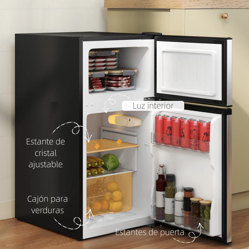 HOMCOM Mini Nevera Silenciosa 88 L Clase E Bajo Encimera Temperatura Regulable 5 Niveles Puerta Reversible Luz Interior Negro