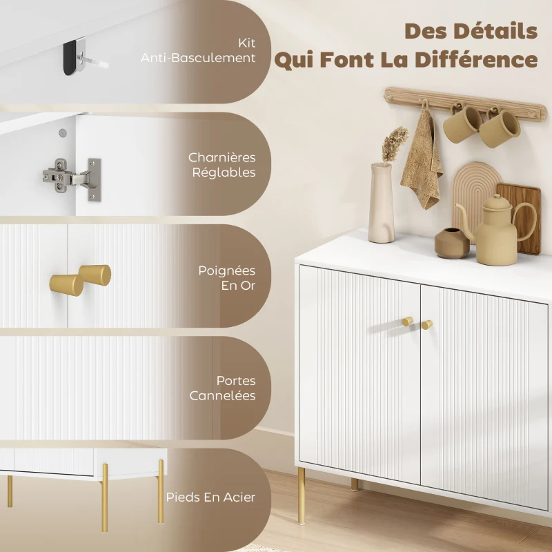 HOMCOM Buffet salon, meuble de rangement avec double porte cannelée, étagère réglable, pieds en acier, 80 x 39,1 x 76 cm, blanc