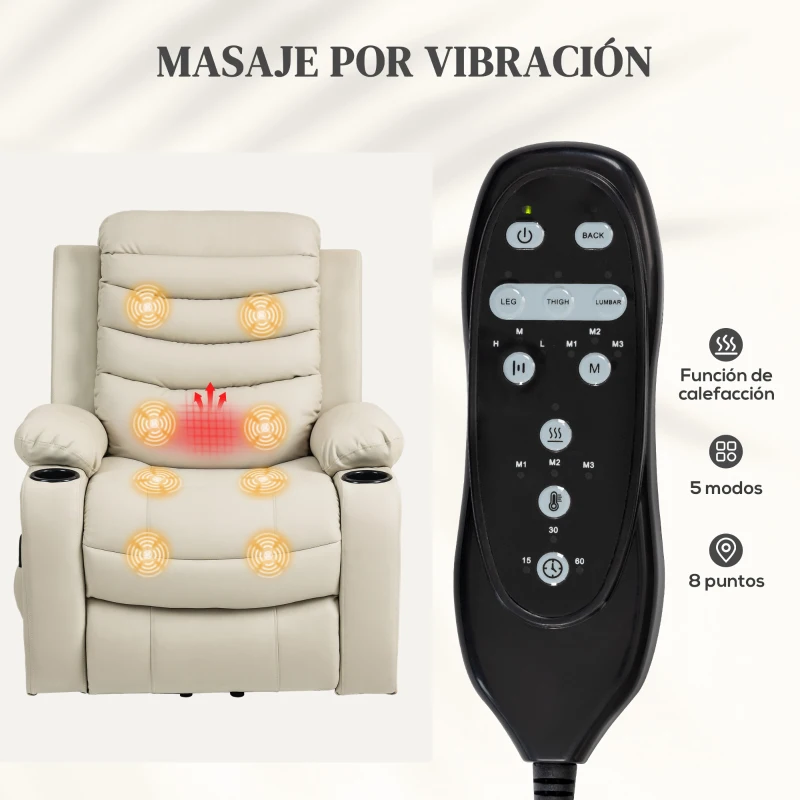 HOMCOM Sillón Relax Reclinable Eléctrico Levanta Personas con Masaje Vibratorio y Calor Puerto USB Control Remoto Crema