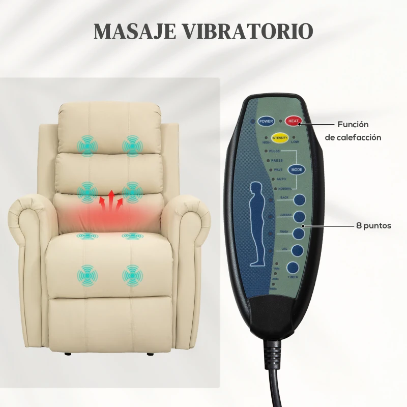 HOMCOM Sillón Relax Reclinable Eléctrico Levanta Personas con Masaje Vibratorio y Calor Control Remoto Crema
