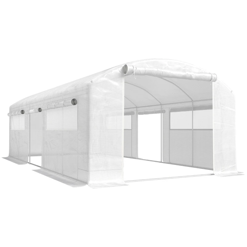 Outsunny Serre tunnel 6x3x2 m avec 3 portes enroulables, 6 fenêtres en filet et structure en acier galvanisé, blanc