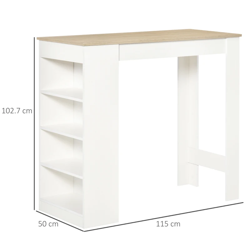 HOMCOM Tavolo da bar per 2 persone, con 4 ripiani aperti, 115x50x102,7cm, Bianco e legno naturale