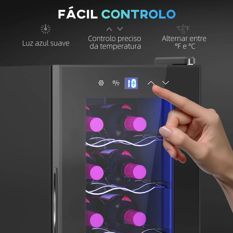 HOMCOM Cave de Vinhos 12 Garrafas com Dupla Refrigeração Termoelétrica Temperatura Ajustável 8-18℃ Porta de Vidro Anti-UV Ecrã LED Luz Interior Preto