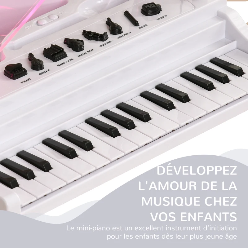 AIYAPLAY Piano enfant électronique 32 touches multifonctions avec micro haut parleur tabouret couvercle lumineux LED blanc