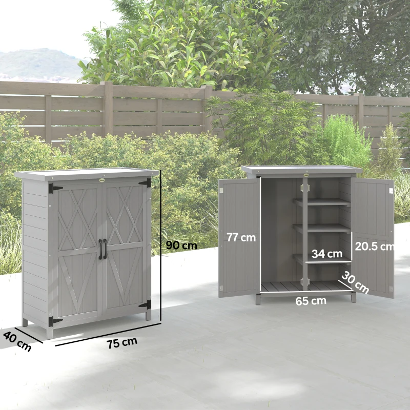 Outsunny Adăpost de grădină dulap 3 rafturi 2 uși acoperiș din tablă galvanizată etanș lemn masiv 75 x 40 x 90 cm gri