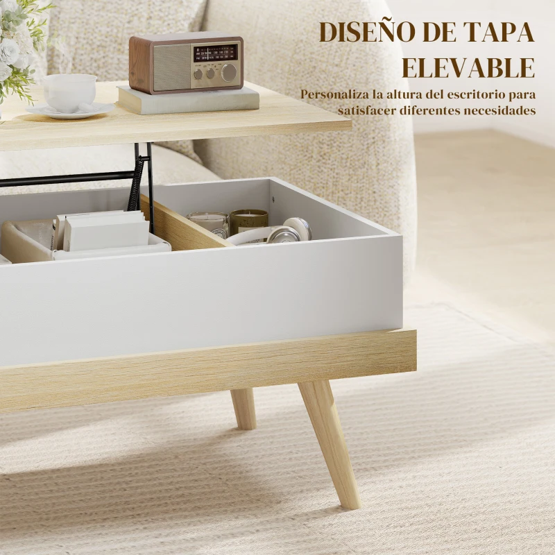 HOMCOM Mesa de Centro Elevable con 3 Compartimientos de Almacenaje Ocultos y Patas de Madera 100x79x54 cm Natural y Blanco