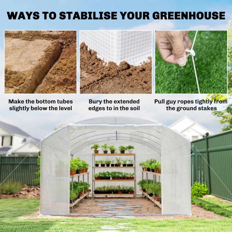 Outsunny Serre tunnel 6x3x2 m avec 3 portes enroulables, 6 fenêtres en filet et structure en acier galvanisé, blanc