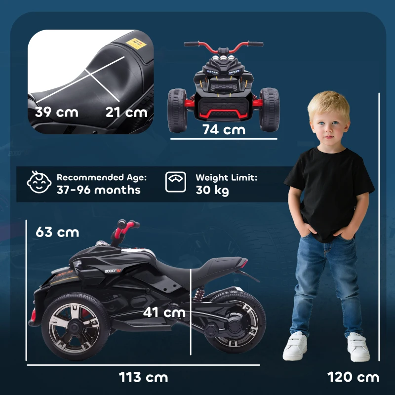 Qaba ATV per bambini 12V – Robusto con LED e MP3, fino a 30 kg, Nero