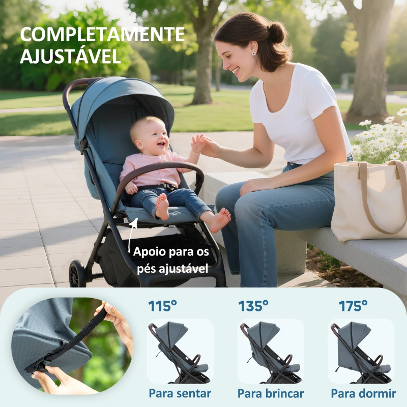 AIYAPLAY Carrinho de Bebé Dobrável com Encosto Reclinável Apoia-Pés Ajustável Capota Arnês de 5 Pontos 87x50x103 cm Azul Escuro
