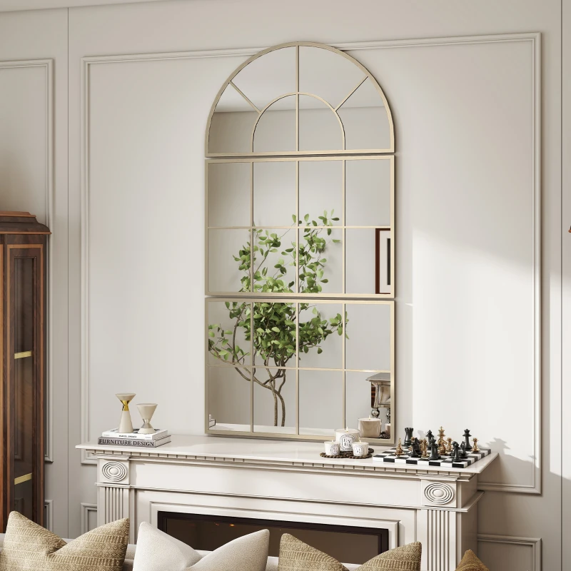 HOMCOM Miroir mural arqué miroir mural en forme de fenêtre ensemble de 3 pièces cadre en métal 76 x 150 cm doré
